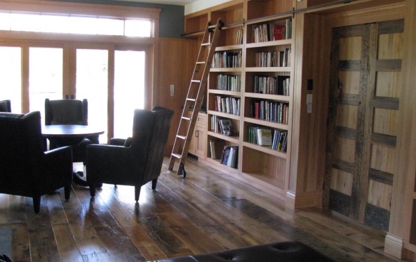 custom home library in vertical grain douglas fir